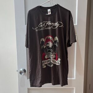 Christian Audigier Brown Graphic Short-Sleeve Tee with Red and Cream Accents
